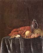 Still life of a lemon,hazelnuts and a crab on a pewter dish,together with a lobster,oysters two wine-glasses,green grapes and a stoneware flagon,all u